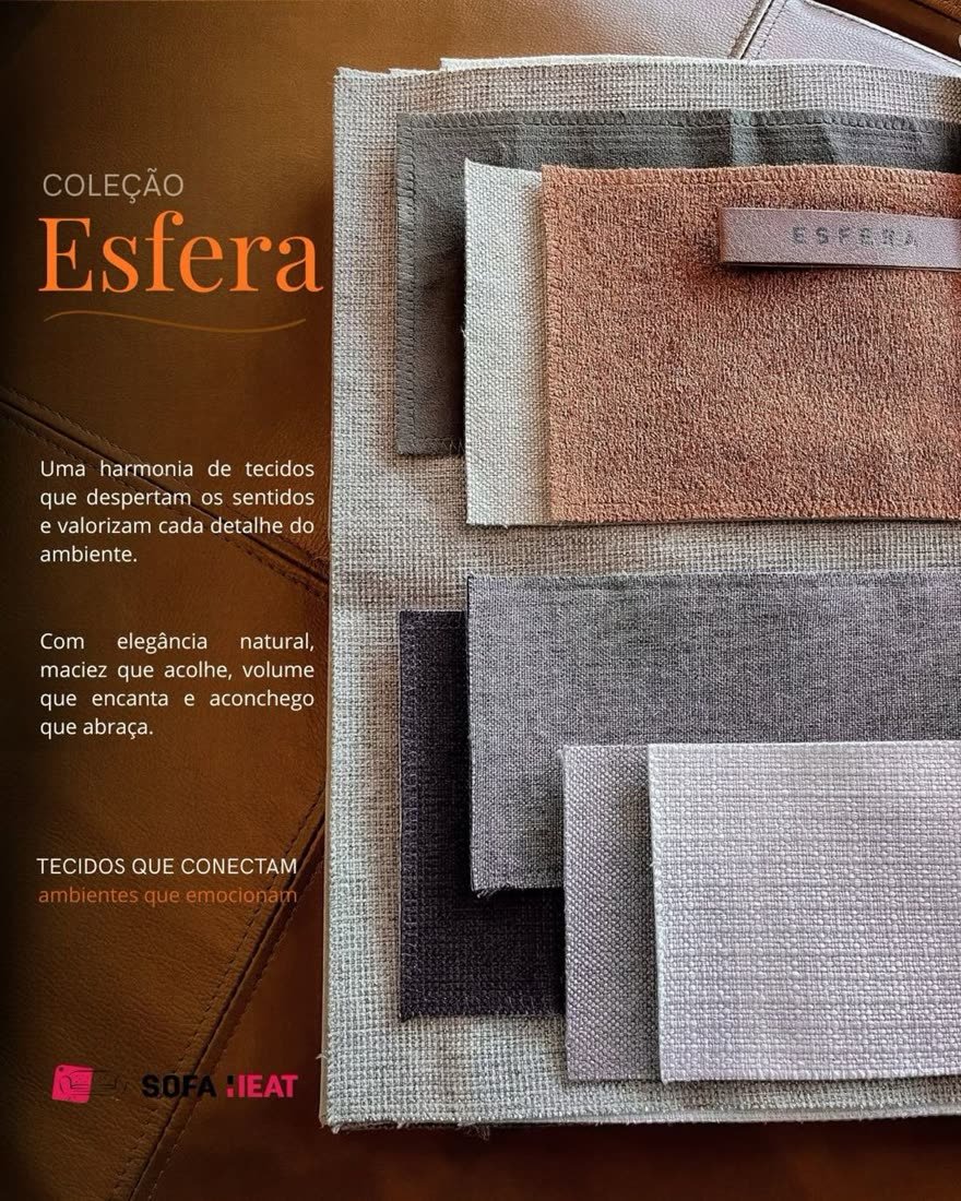 Mostruário de tecidos da Coleção Esfera: linho, suede terracota, cinzas e lilás