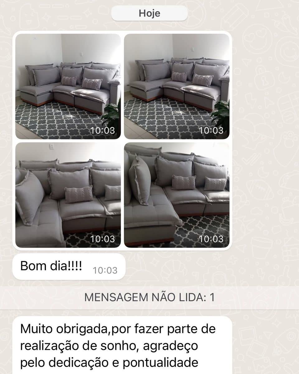 Print da conversa no WhatsApp com fotos do sofá de canto cinza entregue